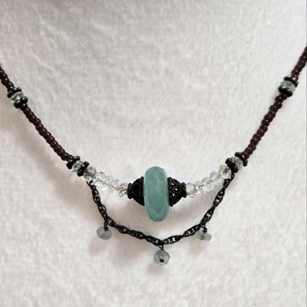 Elegant Beaded Necklace with Aqua and Bronze colored beads. Adjustable length - Picture 10 of 13